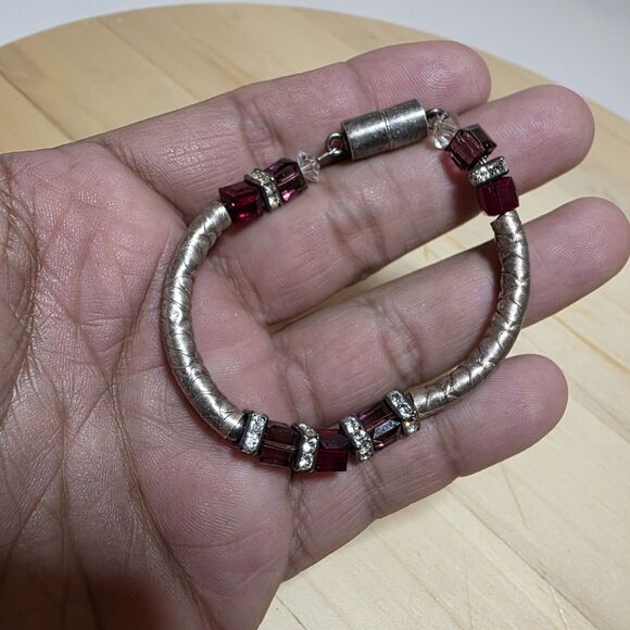 Sterling Silver 925 Beaded Ladies Bracelet 7 Inches Long Magnetic Clasp - Picture 2 of 7